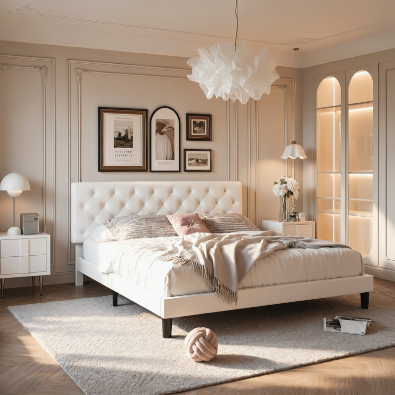 Grand lit plateforme en cuir végétalien Cornimont, tête de lit capitonnée, sans sommier, sans bruit, Grand, Similicuir blanc