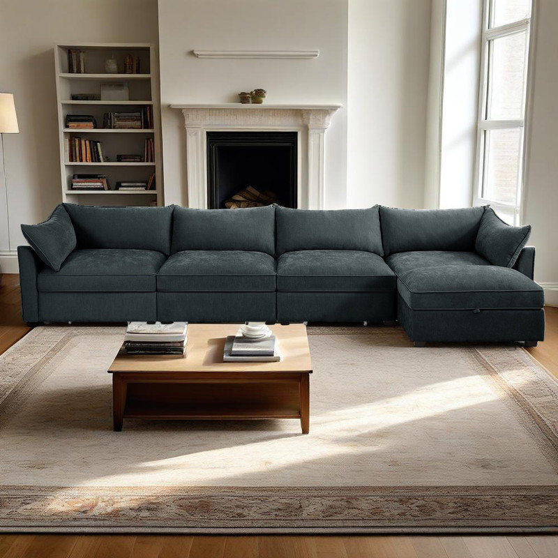 Canapé modulaire modulaire en L avec tiroirs de rangement cachés et repose-pieds rabattable, Grey Chenille