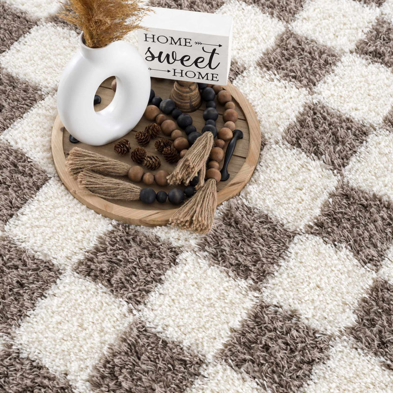 Atiran Checkered Shag Brown Area Rug, Rectangle 8'10" x 12'