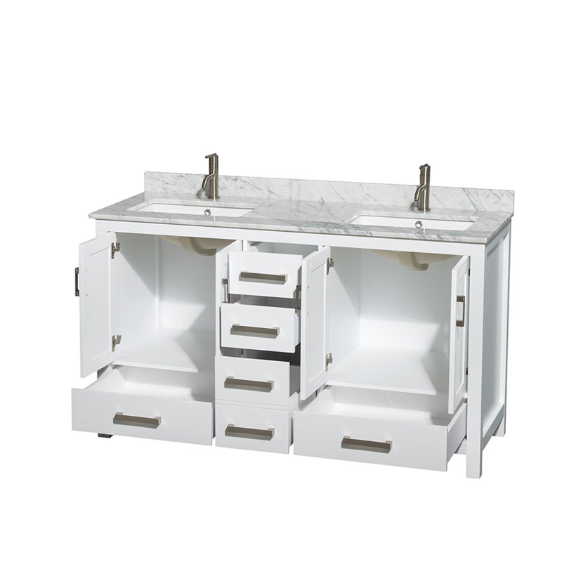 Sheffield 60" Double Bathroom Vanity Set, White, White Carrara