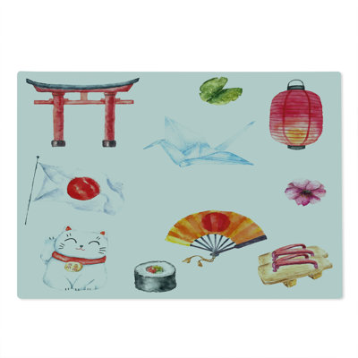Ambesonne Japanese Cutting Board Large Size Watercolors Asian Folk Multicolor