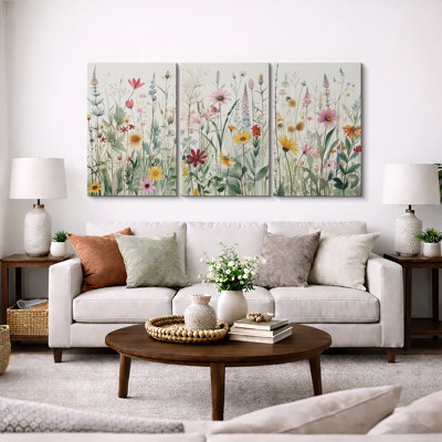 Vibrant Wildflower Green Garden Floral Boho Artwork Framed On Canvas 3 Piece Paintings Print Wall Decor