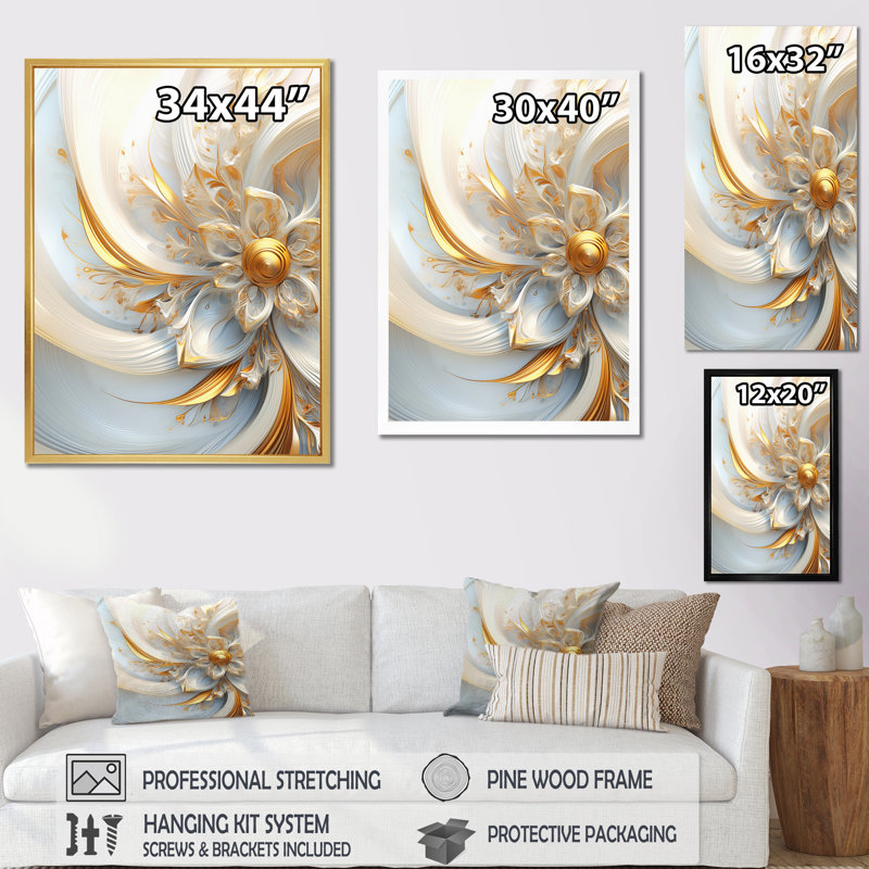 «Whirling tandis que glam Fractals» en or et blanc I - art mural de fractales, 32" H x 24" W, Cadre flottant doré