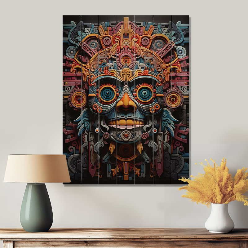 Masque aztèque vibrant bleu sarcelle, Mexique, impression sur bois, H 20 po x l 10 po x P 0,78 po
