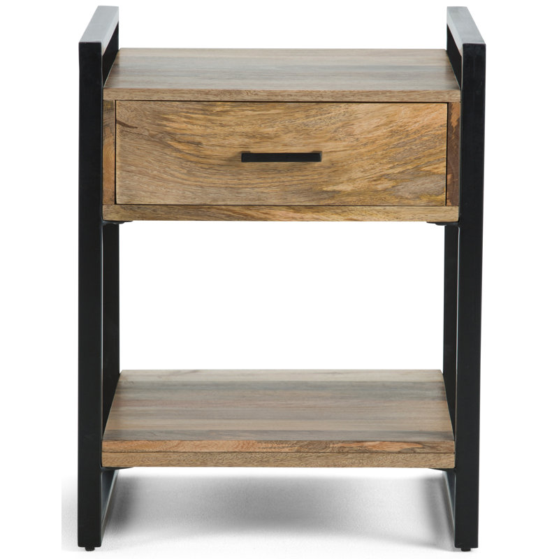 Riverside Black Metal and Natural Wood 20" Industrial Side Table with Storage