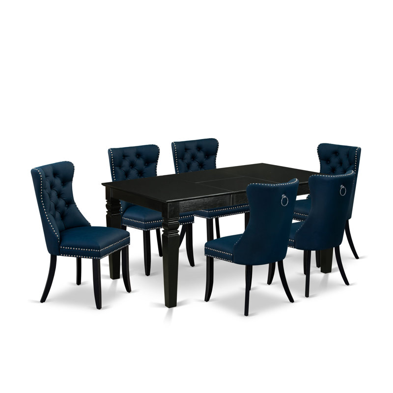 Ensemble de table de salle à manger 7 pièces comprenant une table de cuisine rectangulaire avec rallonge papillon et 6 chaises rembourrées en polyester, noir