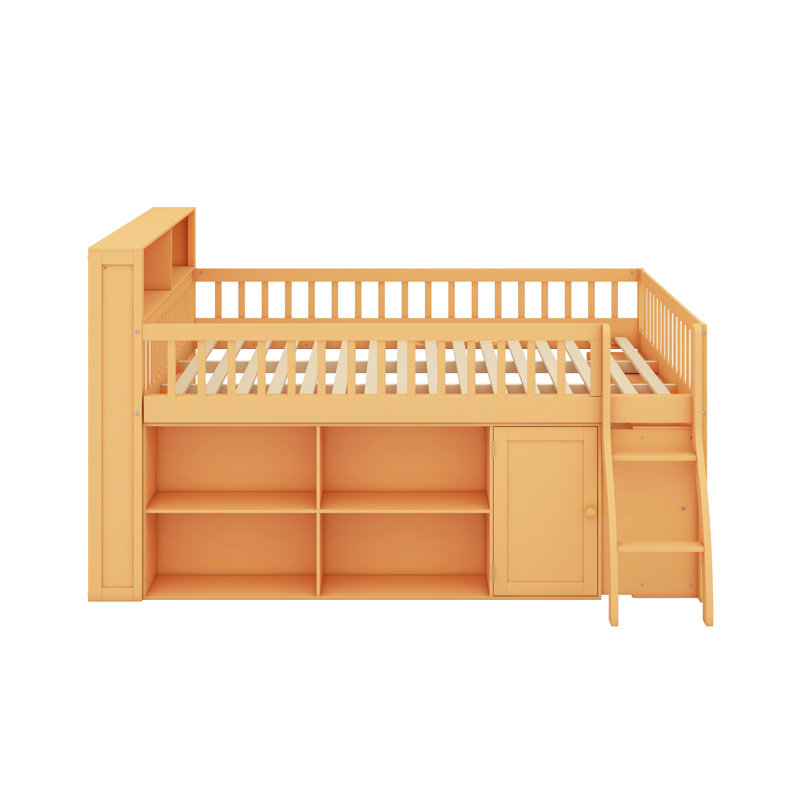 Grand lit mezzanine avec tablettes de rangement et armoire, structure de lit mezzanine basse en bois avec lumière DEL et échelle, espace spacieux sous le lit