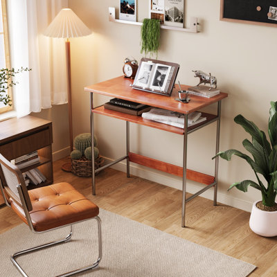 Bureau 100% bois massif, bureau d'écriture pour petits espaces, bureaux de bureau à domicile rétro, bureaux modernes Mid-Century avec pieds en acier inoxydable épaissi pour bureau, maquillage et poste de travail (cerisier)