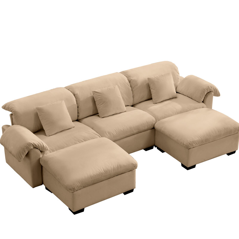 Canapé modulaire en U avec siège très grand et rangement, velours brun clair 3 coussins moelleux, siège repose-pieds, sièges de rangement repose-pieds,