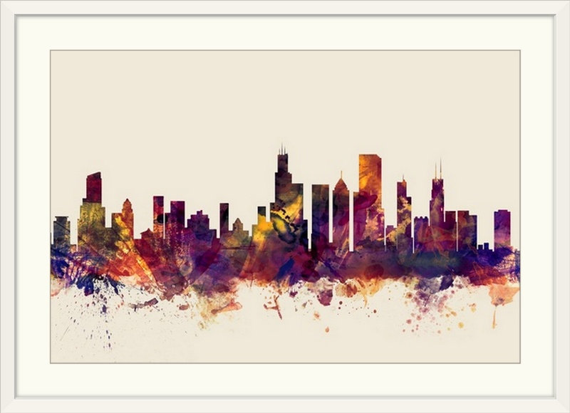 «Fancy Chicago Illinois Skyline» par Michael Tompsett - reproduction d'art, Cadre blanc, H 32 po x l 44 po x P 1 po