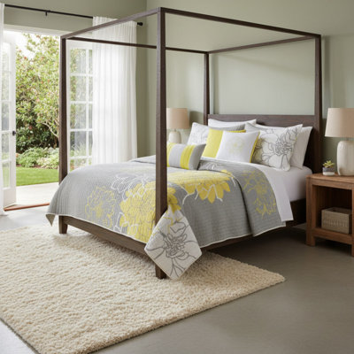 Ensemble de courtepointe en coton imprimé 6 pièces avec coussins décoratifs, taupe, gris/jaune, grand lit/queen