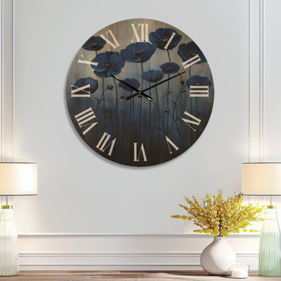 Indigo Poppy Meadow - Floral Wall Clock, Wood Print