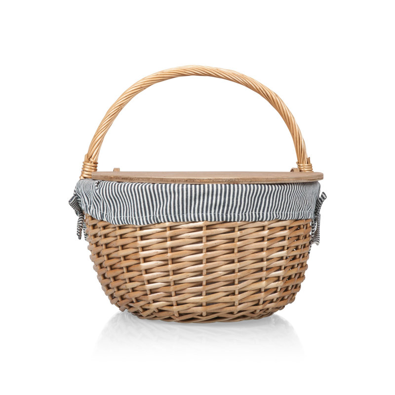 Navy Blue and White Stripe Wicker Picnic Basket with Wooden Lid