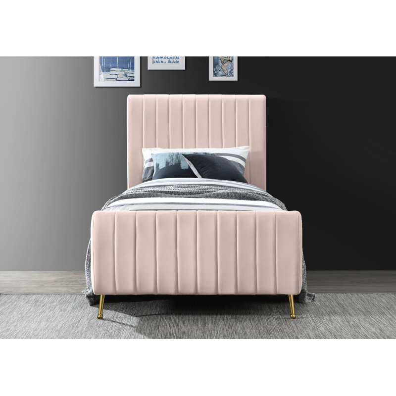 Lit plateforme tapissier à profil bas Zara, Velours rose, Simple