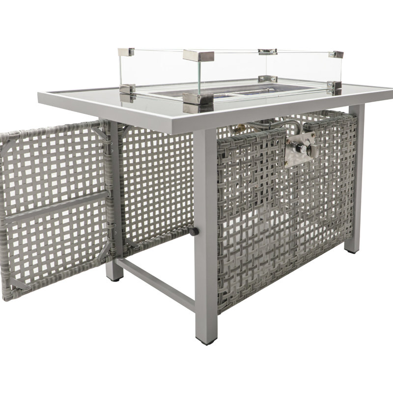 60000 43" Open Weave Grey Propane Gas Fire Pit Table, With Bohemian Charm, Removable Lid, And Glass Wind Guard For Garden Patio Entertaining Rectangular , Blue Stones, Tempered Guard, 20Lbs Storage