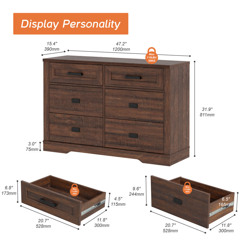 Laziza 47.2"W Modern Farmhouse Wooden 6-Drawer Dresser For Kids, Brown