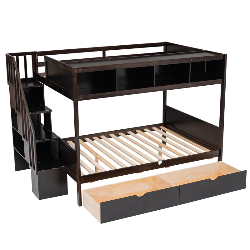 Lit superposé simple au-dessus de double avec tablette, escalier de rangement et 2 tiroirs - Transformez votre chambre à coucher de couleur supplémentaire et économisez de l'espace
