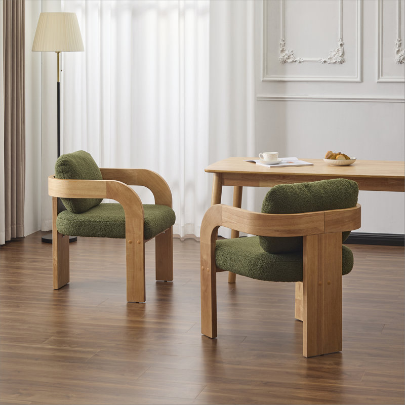 Ensemble de 2 chaises de salle à manger avec dossier coussiné, tissu bouclé vert, structure en bois massif de couleur naturelle