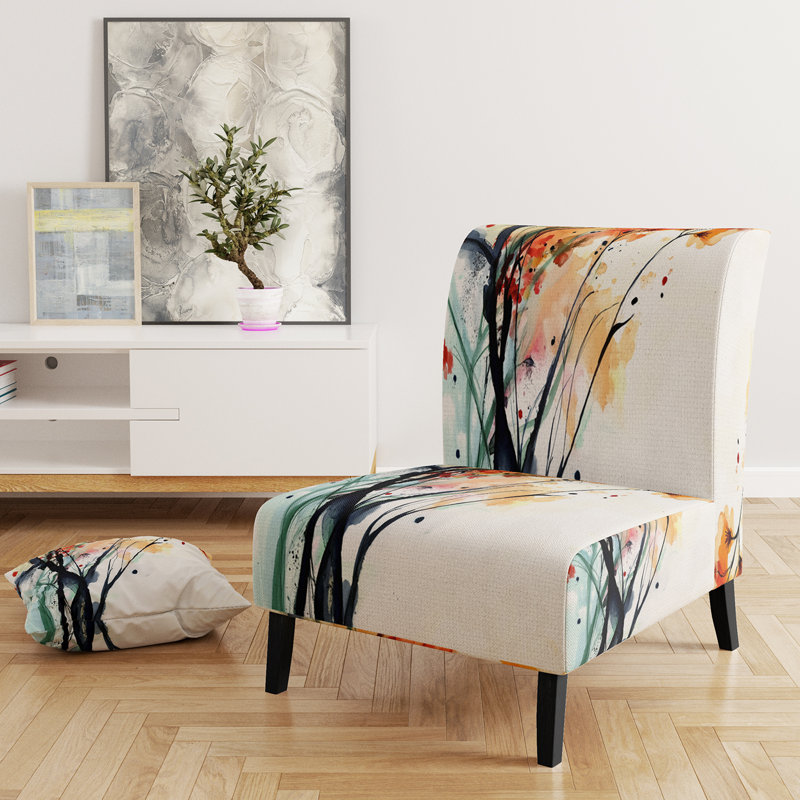 Abstract Orange Flowers - Upholstered Traditional Accent Slipper Chair, Orange/Black/White