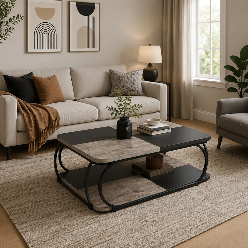 Table basse carrée en métal avec tablettes à deux niveaux pour le rangement et le décor de salon de style campagne moderne