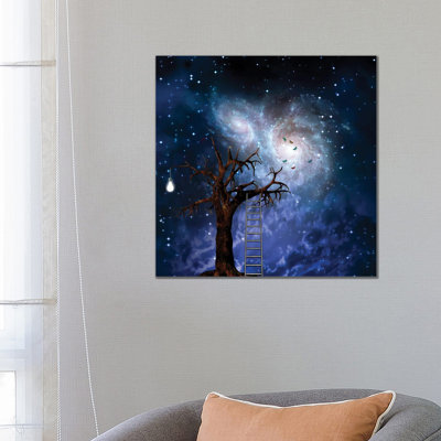 Old Tree With Ladder Light Bulb Represents Idea Spiral Galaxies In Starry Sky by Bruce Rolff - Wrapped Canvas Print