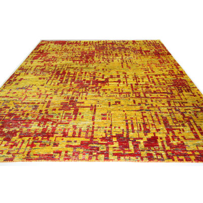 Tapis unique en laine noué à la main rouge / or 7 pi 11 po x 10 pi Grunge