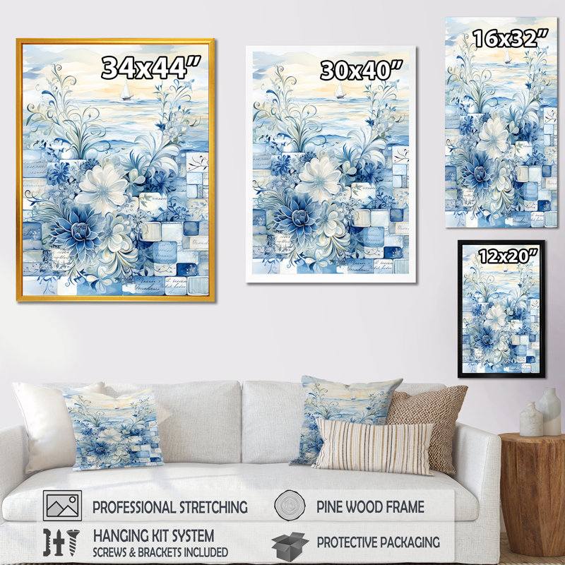 Carreaux botaniques blancs et bleus I - Botanicals Wall Art, Cadre simple argenté, H 32 po x l 16 po x P 1 po