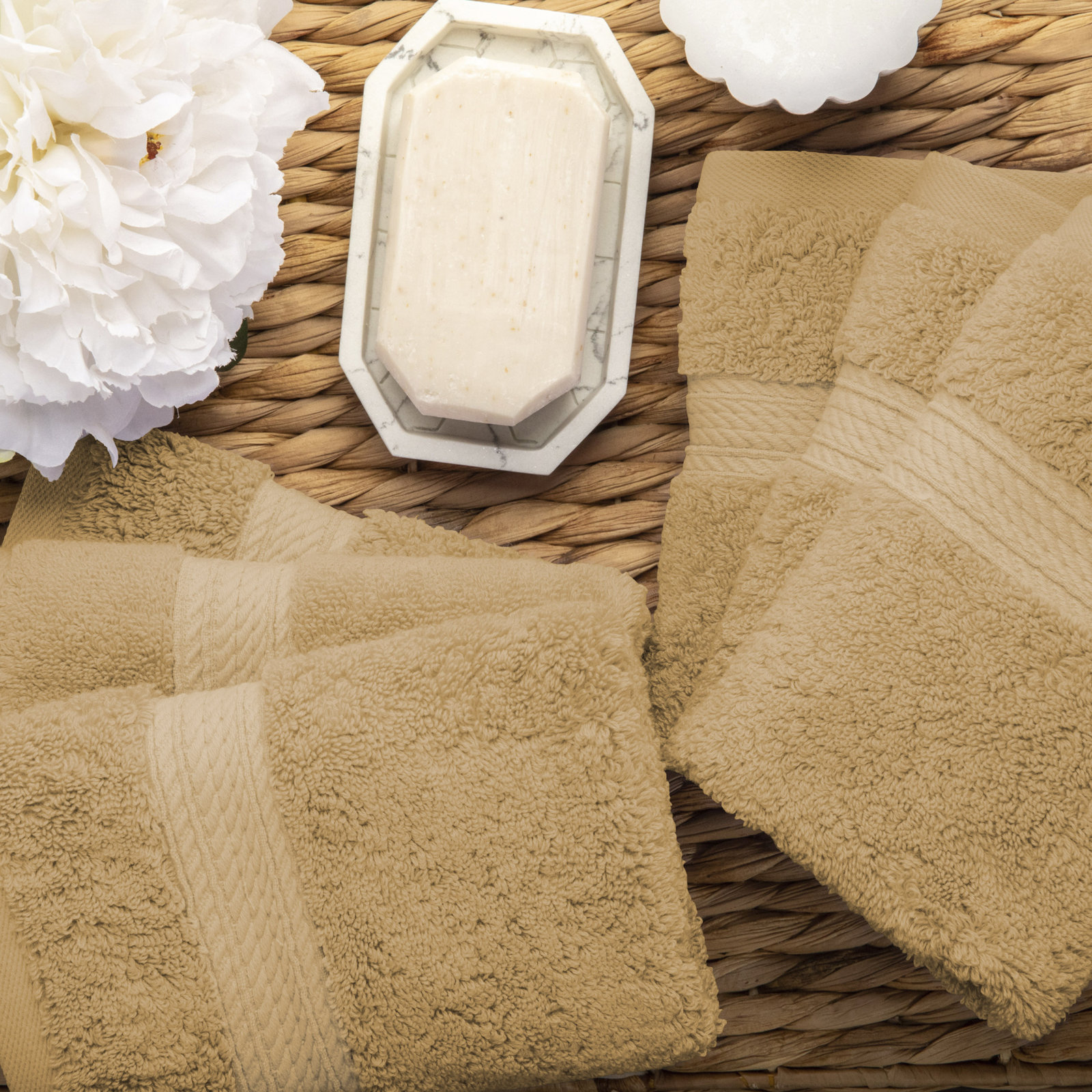 Renata Certified Egyptian Cotton 800 GSM Plush Heavy Highly Absorbent Luxury Washcloth , Toast, Washcloth - 6 Pack