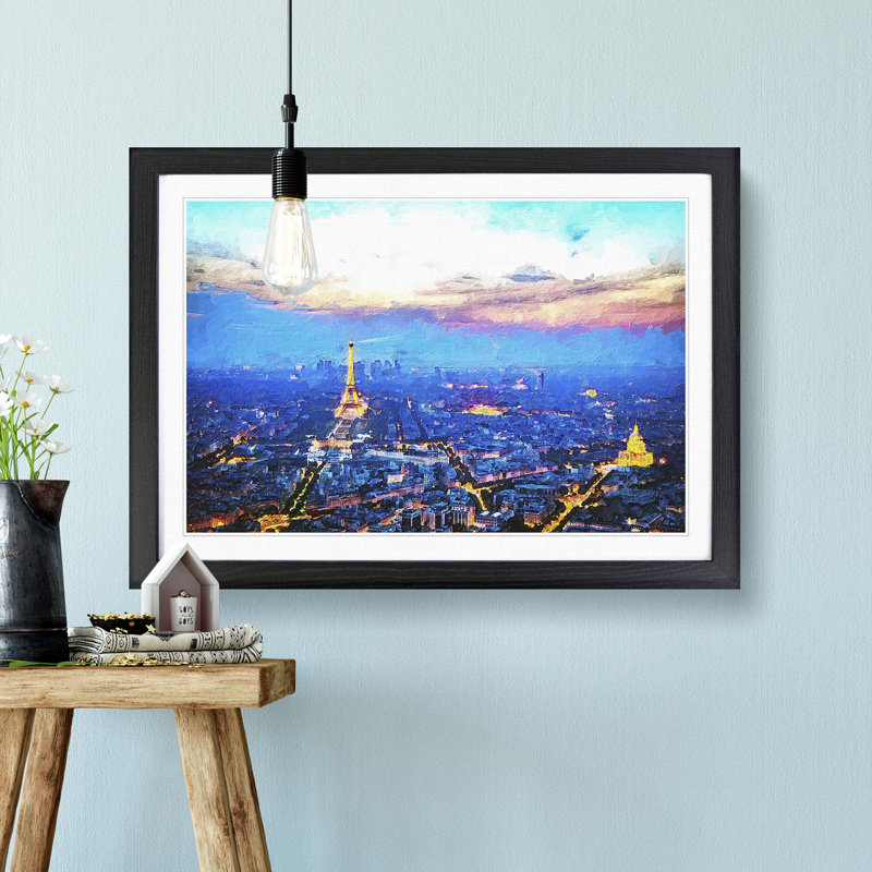 Paris Eiffel Tower Skyline at Dusk - Picture Frame Painting Print, 36cm H x 48cm W x 2cm D, Black Framed