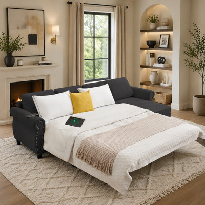 106.5" L-Shaped Convertible Pull Out Sleeper Sectional Sofa, Flannelette Polyester 4-Seater Sofa Bed with Interchangeable Storage Chaise, USB & Wireless Charging Armrest, Solid Wood Frame High-Density Sponge Couch for Living Room Apartment