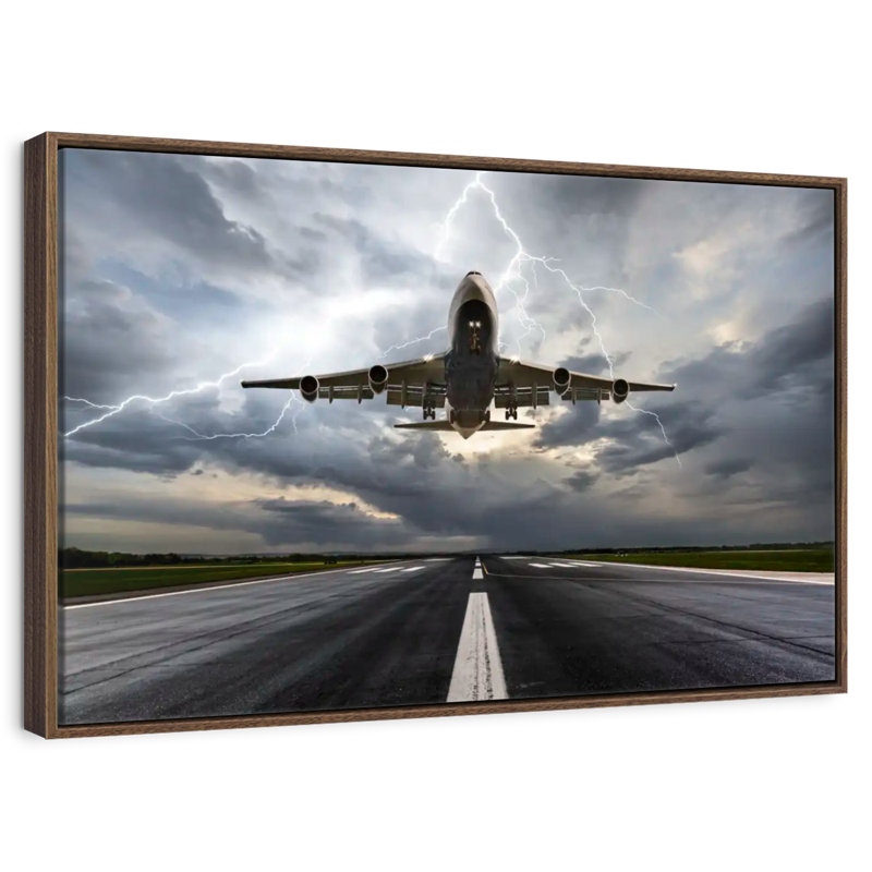 Tempête de piste d’avion, 19 po x 13 po, Cadre flottant noyer