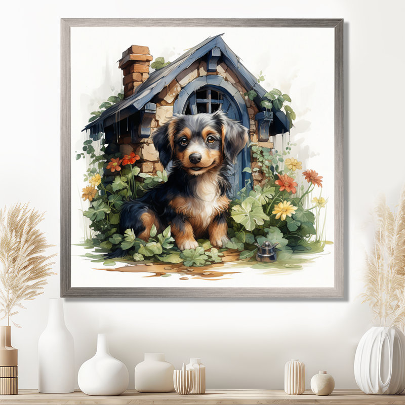 «Puppy Doghouse Blooms I», art mural chien, Cadre photo argenté, H 36 po x l 36 po x P 1,5 po