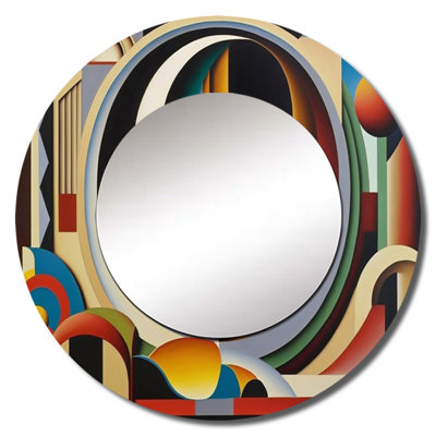 Sarahlynn Circular Retro Dynamics II - Geometric Decorative Mirror, Modern Round Wall Mirror, Printed Metal Art