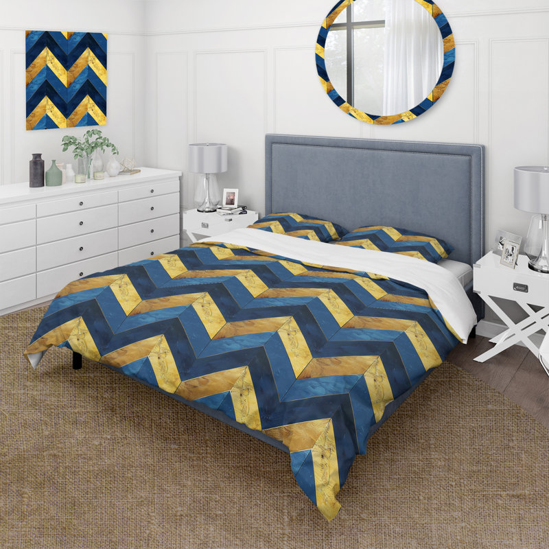 Ensemble de housse de couette Blue Gold Glamour Chevron VII - Midcentury, Housse de couette très grand + 2 taies décorativ