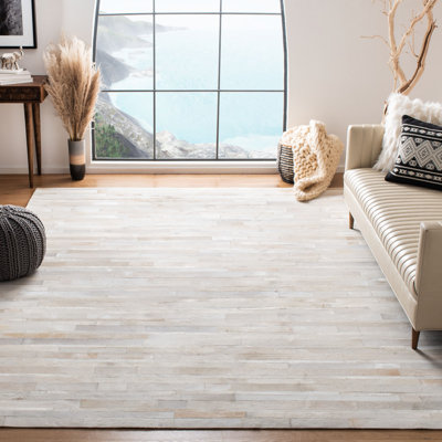 Abstract Hand Woven Leather/Felted Cloth Abstract Rug in Ivory/Light Gray