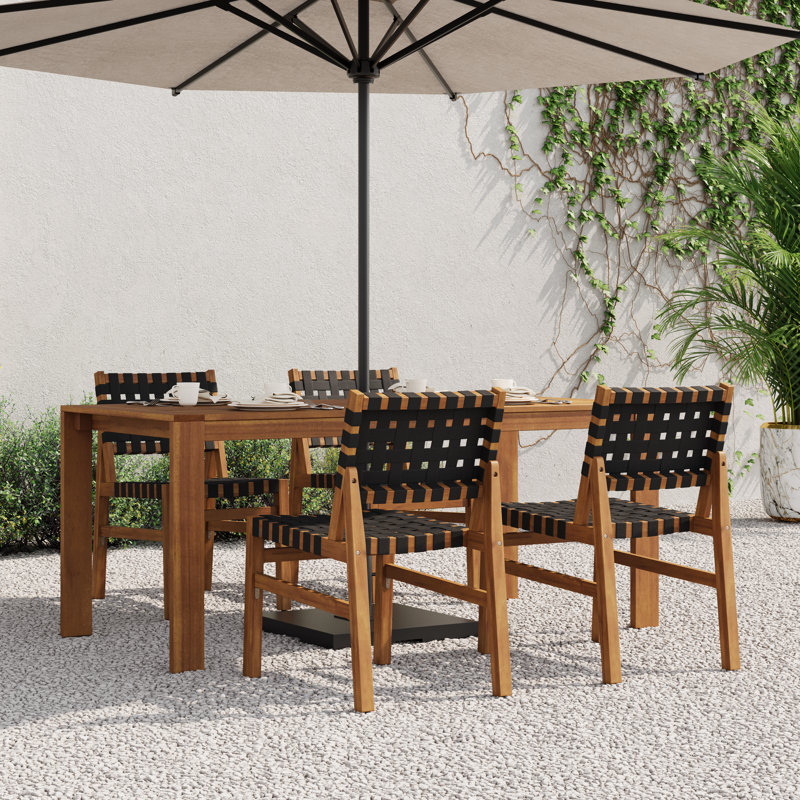 Patio 5-Piece Acacia Wood Dining Set With Slatted Table & Woven Straps, Black Rope/Teak, 4
