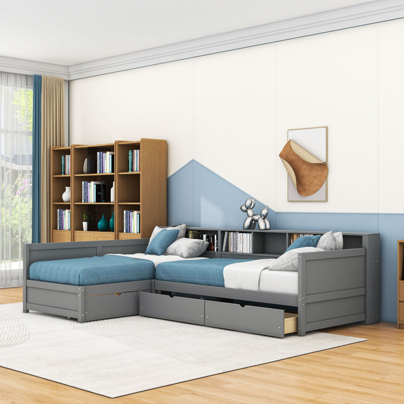 Daybed with 3 Drawers and Bookshelf, Gray