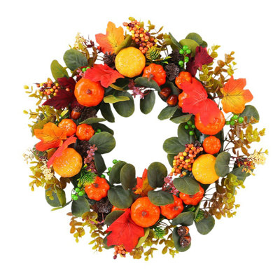Couronnes d'automne pour la porte d'entrée à l'extérieur de la couronne d'automne de 19,7 po avec fausses citrouilles, pommes de pin, baies, couronnes d'automne pour l'intérieur et l'extérieur, couronne de chutes pour la maison, porche, récolte, Halloween, décor de l'Action de grâce