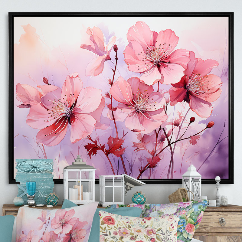 Mauve et rose coquelicots Meadows II - coquelicots, art mural, Cadre flottant noir, H 16 po x l 32 po x P 1 po