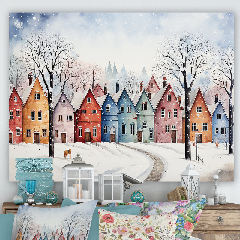 Décoration murale multicolore ville givrée en hiver II - Paysage d'hiver, Toile tendue, H 12 po x l 20 po x P 1 po