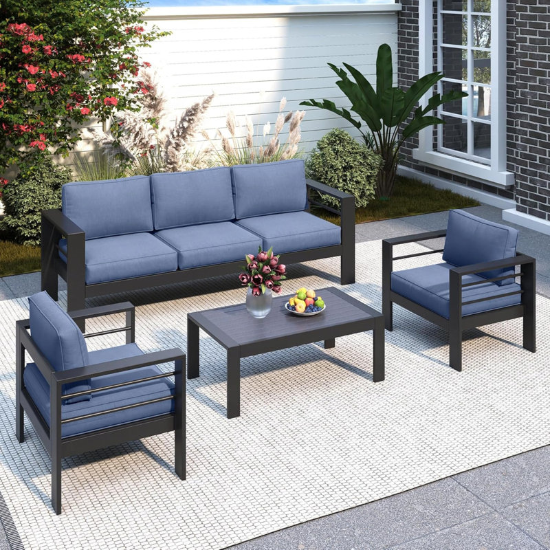 4-Piece Modern Aluminum Patio Conversation Set,  5-Seat Outdoor Sofa With  Thick Blue Cushions & Black Frame And Coffee Table