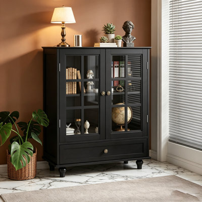 Minimalist Black Buffet Cabinet With Double Glass Doors And Drawer, Modern Wooden Storage Sideboard Cupboard For Living Room, Dining Room Hallway Entryway(Black)