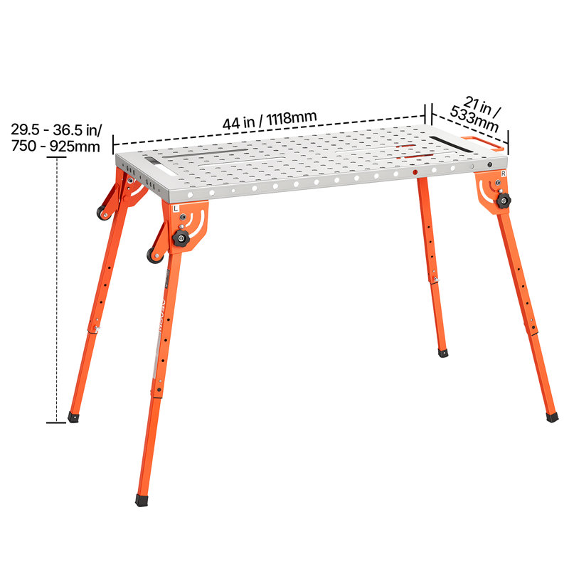 Table de soudage pliable, établi de soudage de 112 x 53 cm (44 x 21 po), capacité de 227 kg (500 lb), hauteur réglable sur 4 niveaux, table de travail robuste en acier avec 6 emplacements pour outils et trous de fixation de 16 mm (0,63 po) pour la réparation d'assemblages de soudage.