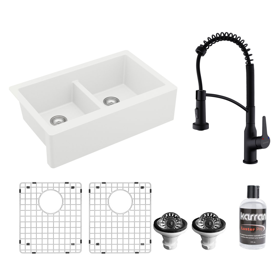 Karran Quartz 34'' X 21-1/4'' 50/50 Double Bowl Farmhouse Apron Kitchen Sink With KKF210 Faucet Karran