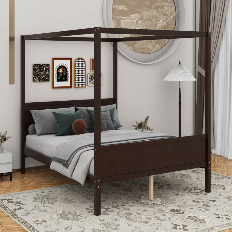 Queen Size Wooden Platform Bed with Headboard and Footboard, Slats, Espresso