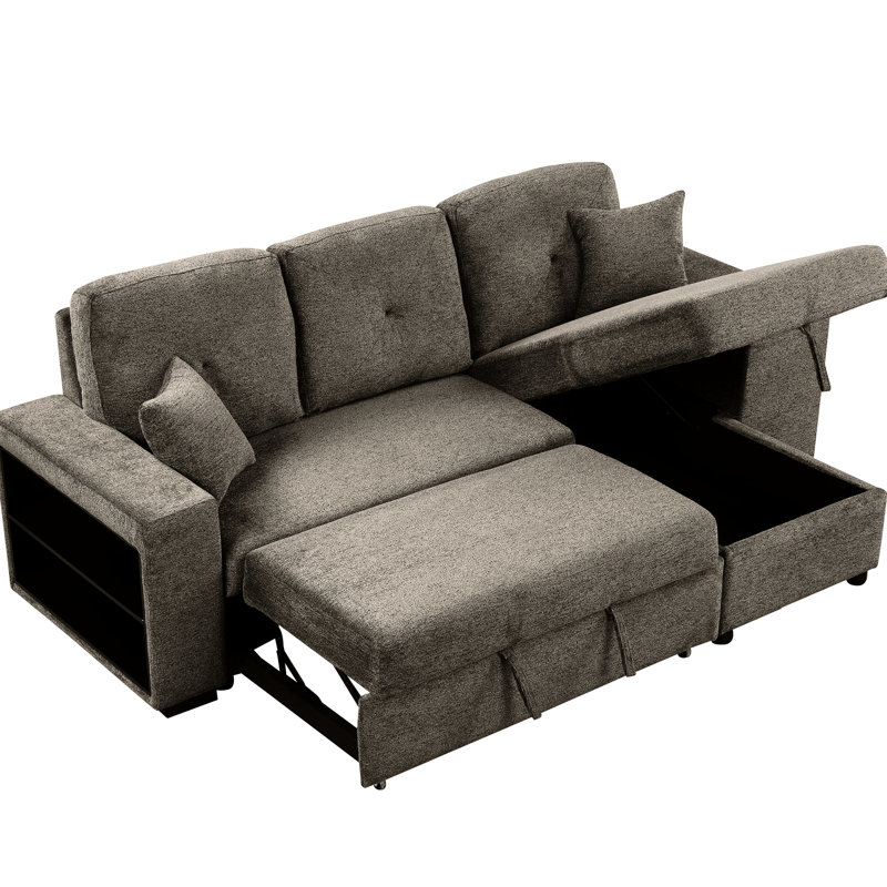 Canapé-lit modulaire coulissant avec rangement et méridienne, espace de vie confortable, velours, méridienne convertible gris anthracite - 2 tabourets, pour les petites pièces,