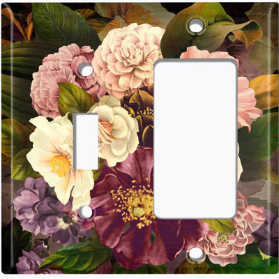 Couvercle de prise de plaque d'interrupteur en métal à motifs (fleur mauve blanc rose 2 - (L) bascule simple / (R) bascule simple) 2 bandes interrupteur à bascule / décorateur / bascule