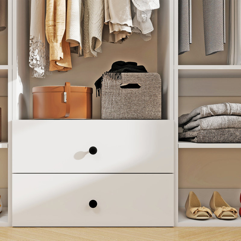 White Modular Walk in Closet Organizer System with 3 rods,7 shelves and 2 drawers