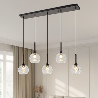 5 Light Linear Kitchen Island Pendant Lights With Hammered Water Globe Glass