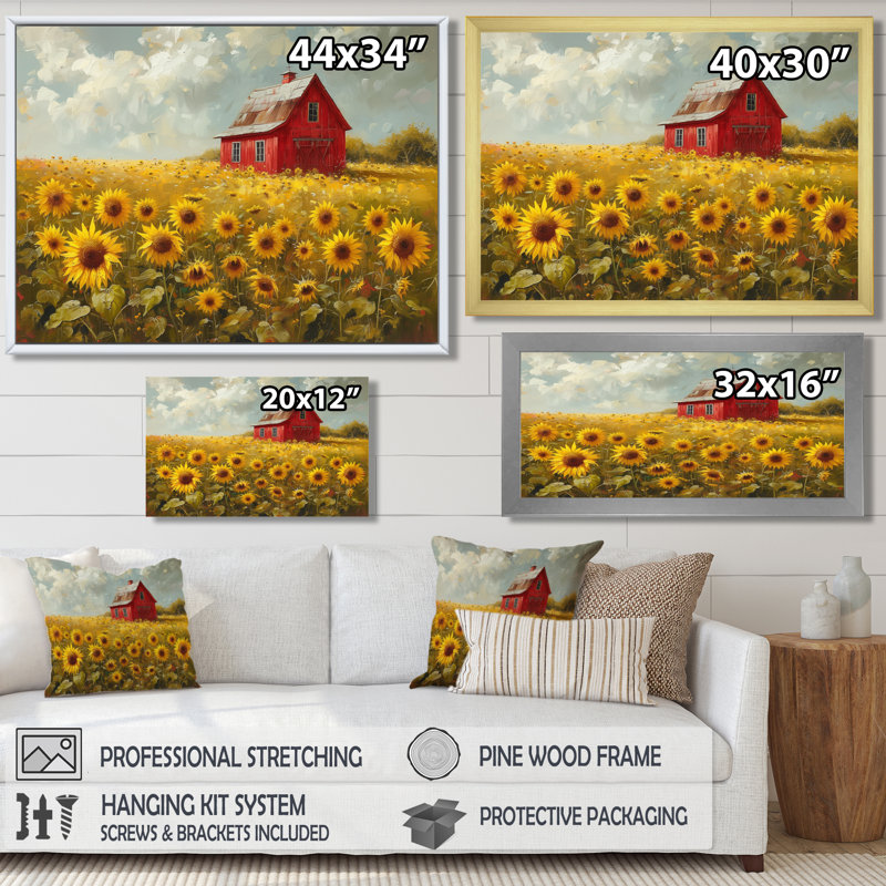 Décoration murale jaune tournesol brun avec une grange rouge - tournesols, H 16 po x l 32 po x P 1 po